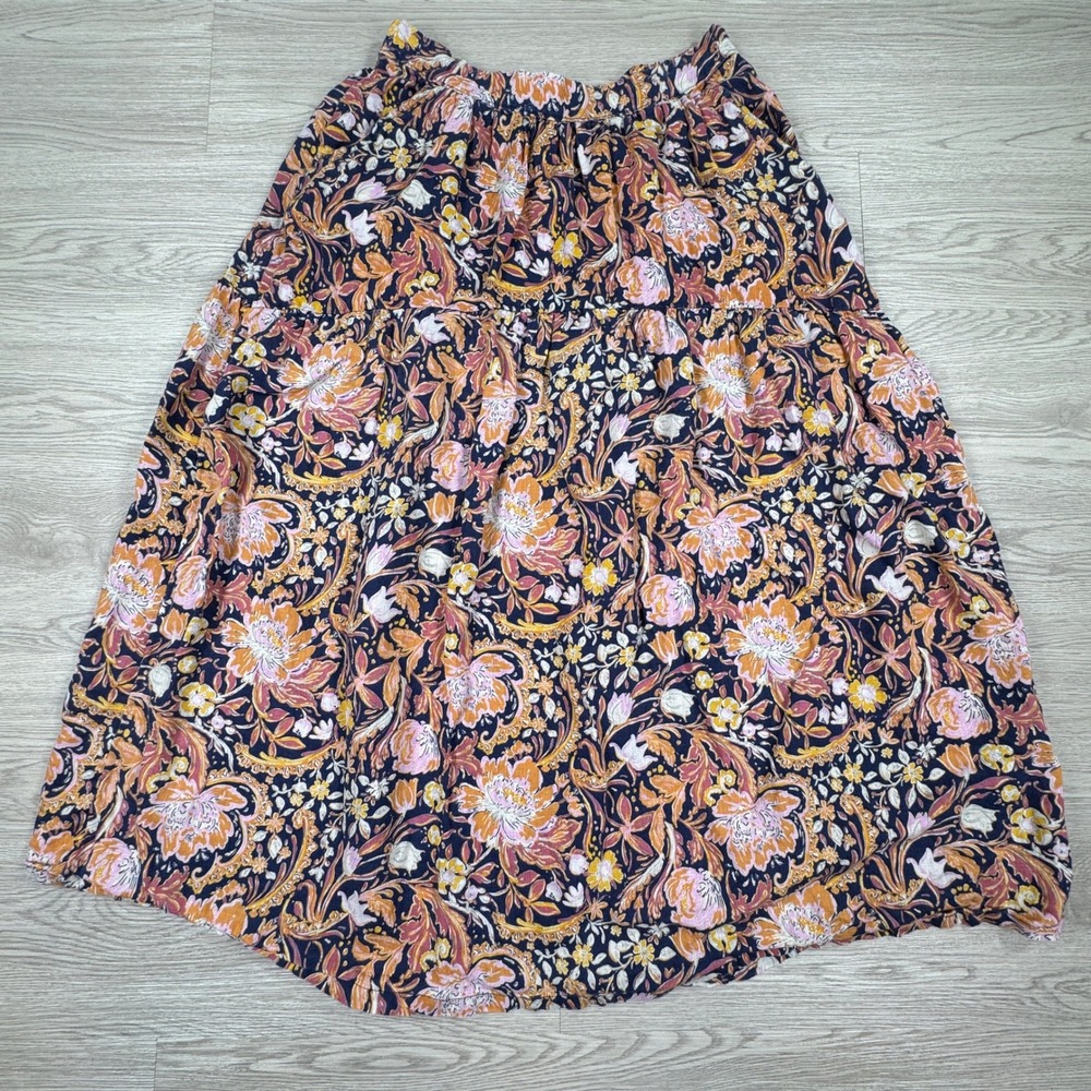 Tahari Navy Floral Tiered Midi Skirt with Pink and Orange Blooms
